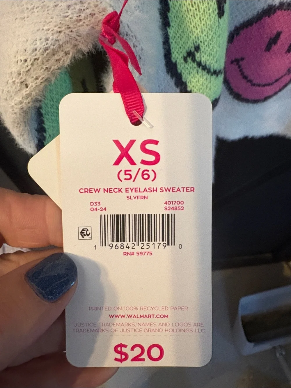Justice White Fuzzy Sweater with Pink, Mint and Lime Smiley Faces